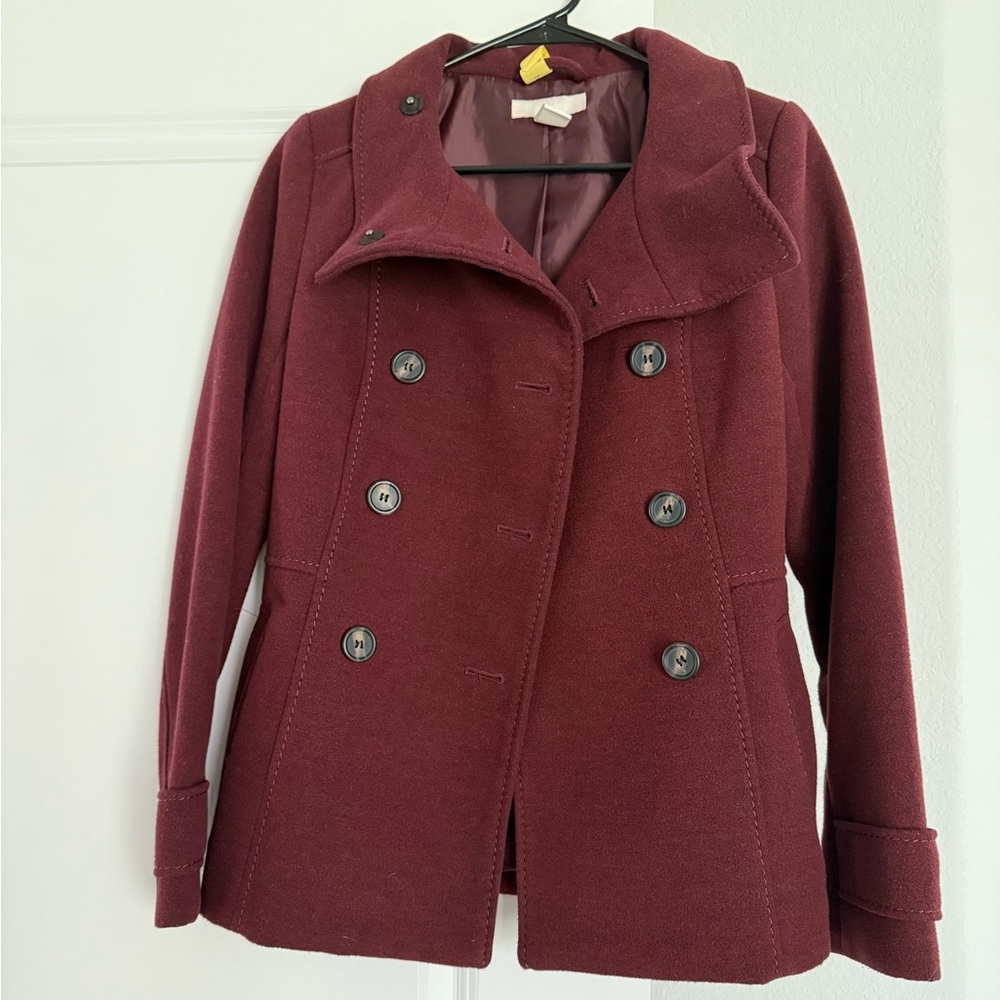 H&M Maroon Double-Breasted Pea Coat